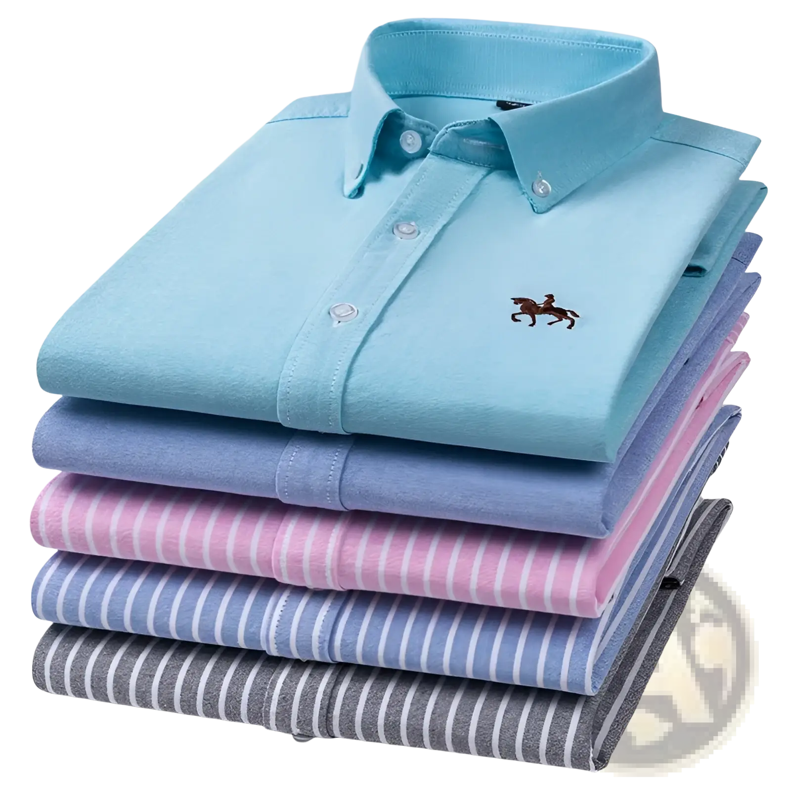Stack of neatly folded men 100% cotton oxford slim fit button-down shirts in pastel shades with light blue top featuring embroidered horse logo