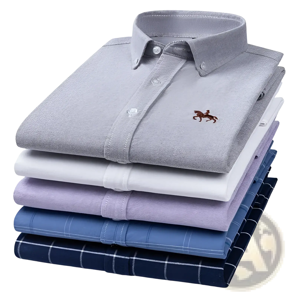 Stack of neatly folded men 100 percent cotton oxford slim fit button down shirts in various colors and patterns including gray with horse logo