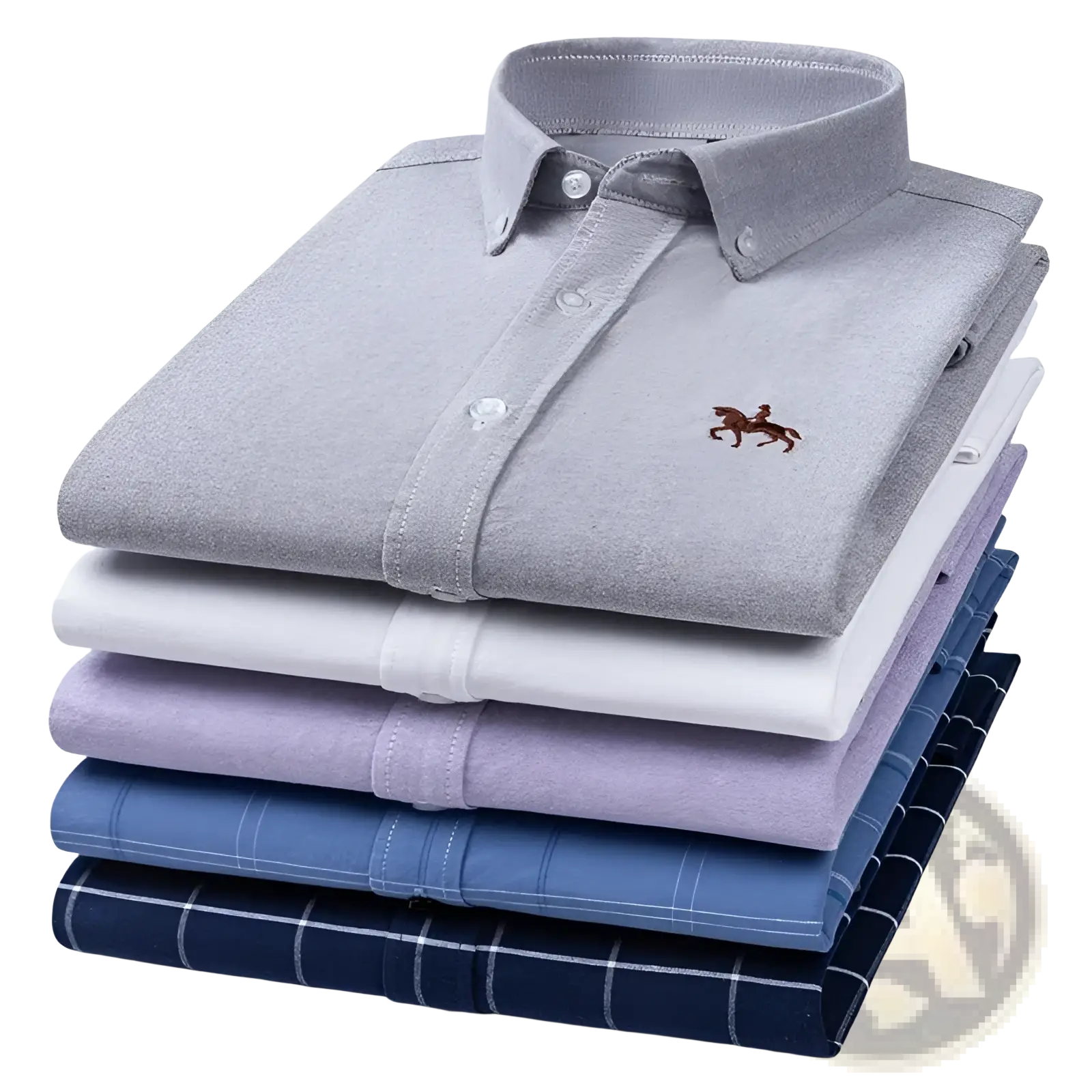Stack of neatly folded men 100 percent cotton oxford slim fit button down shirts in various colors and patterns including gray with horse logo