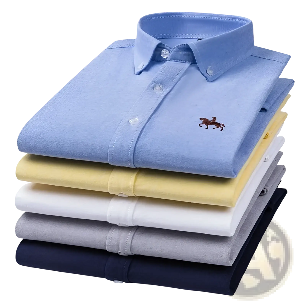 Stack of neatly folded men 100 percent cotton oxford slim fit button-down shirts in blue yellow white gray and navy