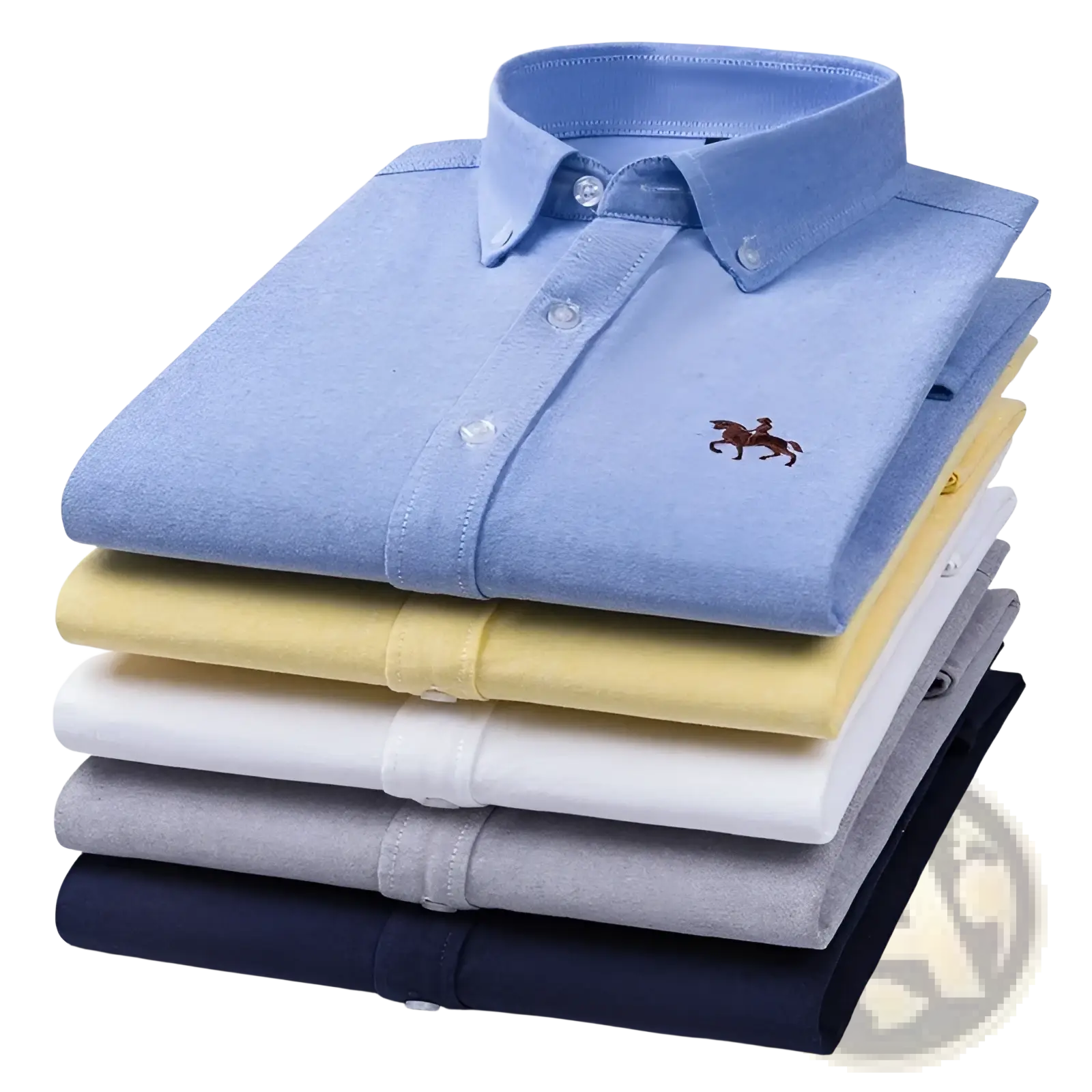 Stack of neatly folded men 100 percent cotton oxford slim fit button-down shirts in blue yellow white gray and navy