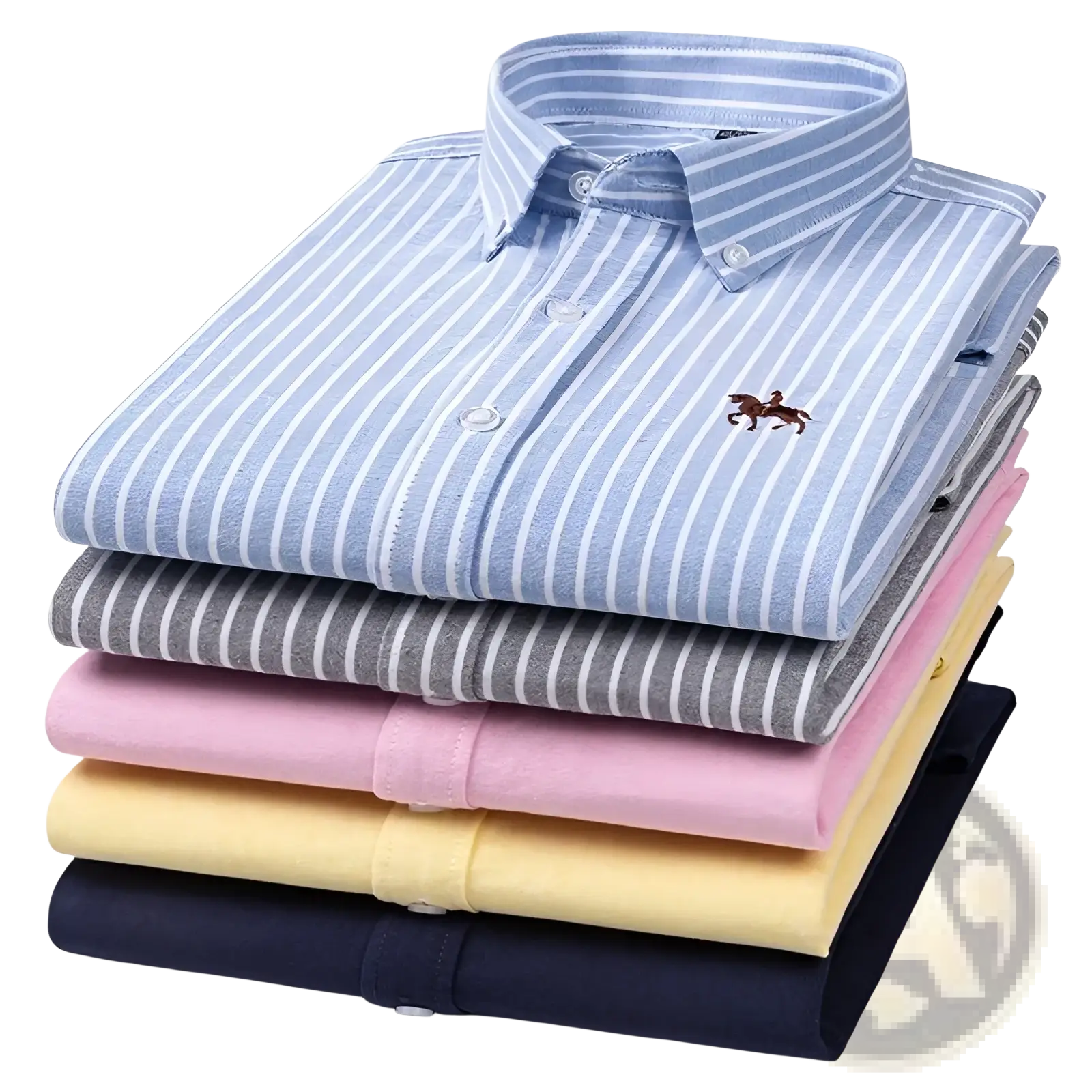 Stack of neatly folded men 100 percent cotton oxford slim fit button down shirts in pastel and navy stripes with polo logo