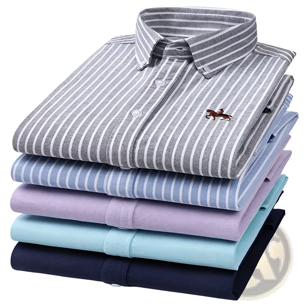 Stack of slim fit men 100 percent cotton oxford button down shirts in gray blue purple teal and navy with embroidered horse logo