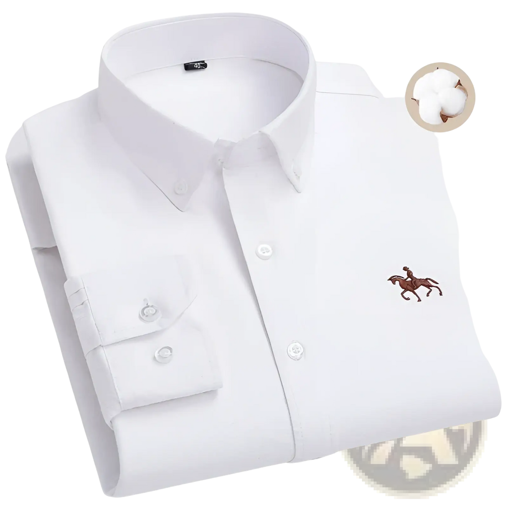 Men 100% cotton oxford slim fit white long-sleeved button-down shirt with brown embroidered polo rider logo on chest
