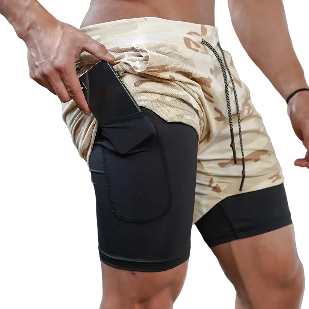 Men 2 in 1 gym shorts with beige and brown camouflage pattern, black inner layer, quick dry fabric, and side phone pocket
