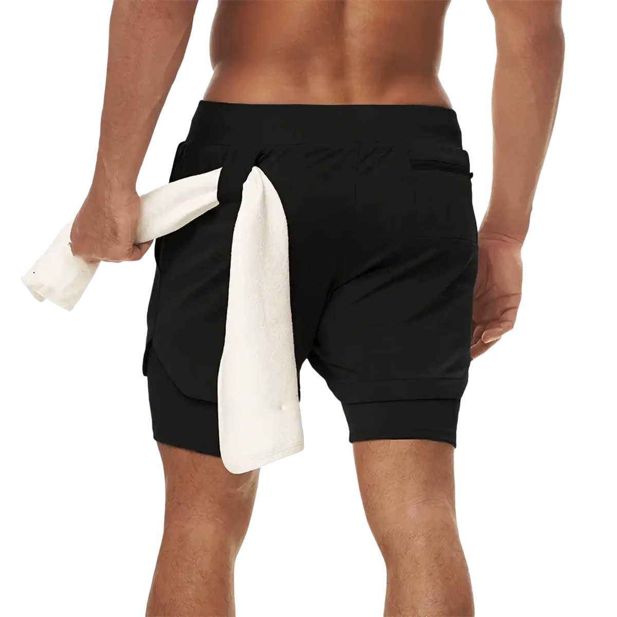 Men 2 in 1 gym shorts in black textured fabric with side pockets shown from the back with a white towel draped over