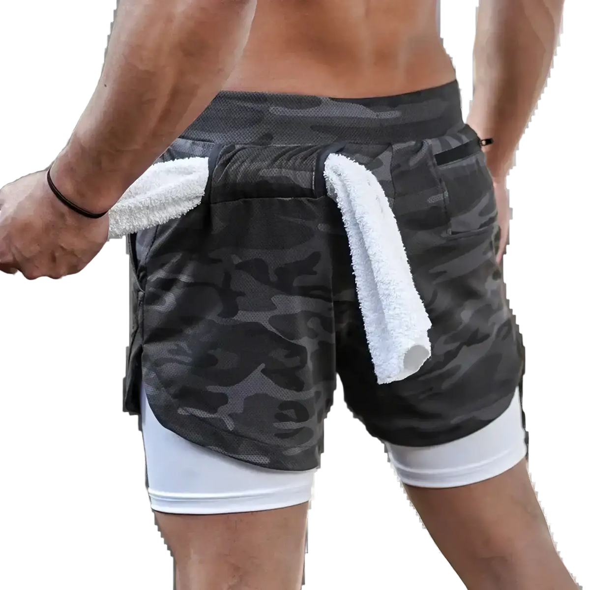 Men 2 in 1 black and gray camouflage gym shorts with white quick dry inner layer and side pockets holding towels