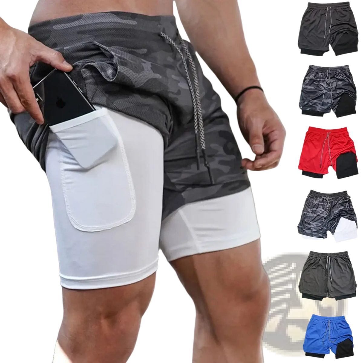 Men 2 in 1 gym shorts quick dry black and white camouflage double-layer activewear with side pocket holding smartphone
