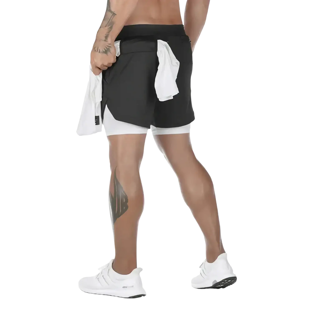 Black and white 2 in 1 gym shorts with quick dry fabric and sleek layered design for workout activewear use
