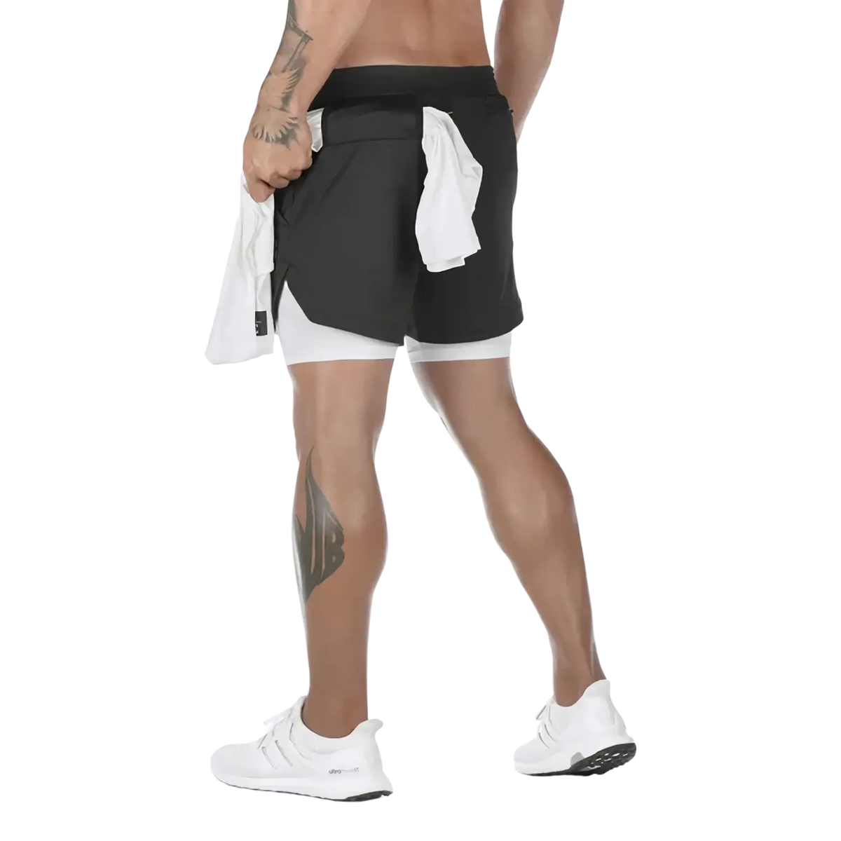 Men 2 in 1 gym shorts in black and white featuring quick dry fabric and a sleek layered design for activewear use