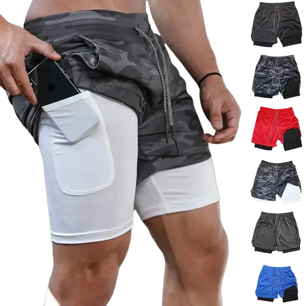 Men 2 in 1 gym shorts in black and white with quick dry camouflage outer layer and side pockets for workout activewear
