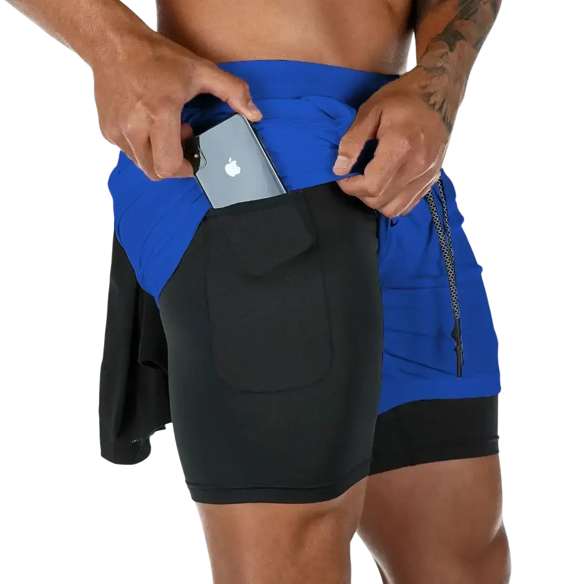 Blue and black men 2 in 1 gym shorts with built-in phone pocket quick dry workout activewear for training