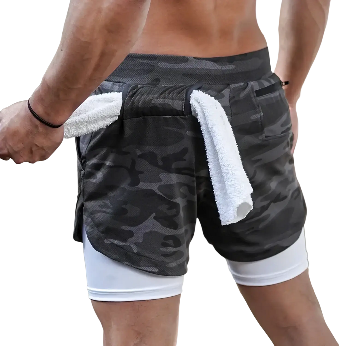 Dark gray camouflage men 2 in 1 gym shorts with white inner layer and towel in back pocket quick dry activewear