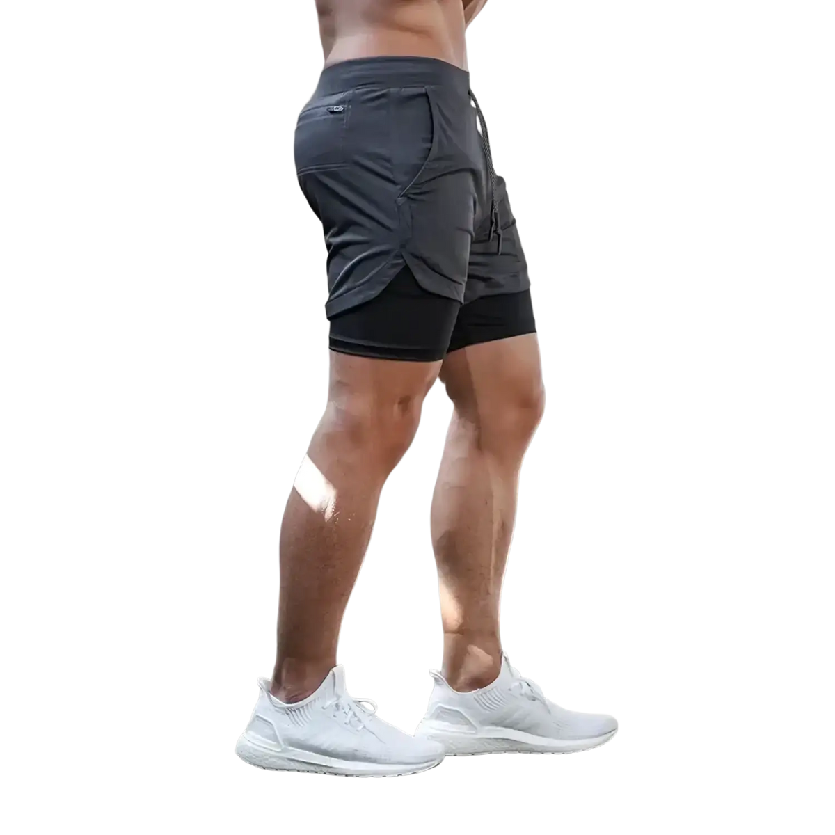 Dark gray men 2 in 1 gym shorts with quick dry fabric and subtle side pockets for workout activewear use