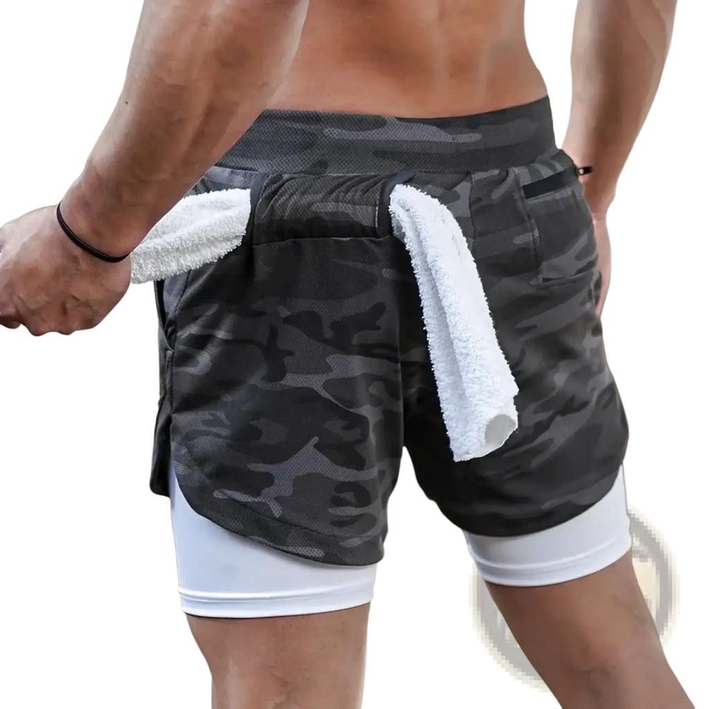 Dark gray camouflage men 2 in 1 gym shorts with white inner layer and towel in back pocket quick dry activewear