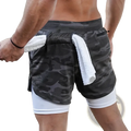 Dark gray camouflage men 2 in 1 gym shorts with white inner layer and towel in back pocket quick dry activewear