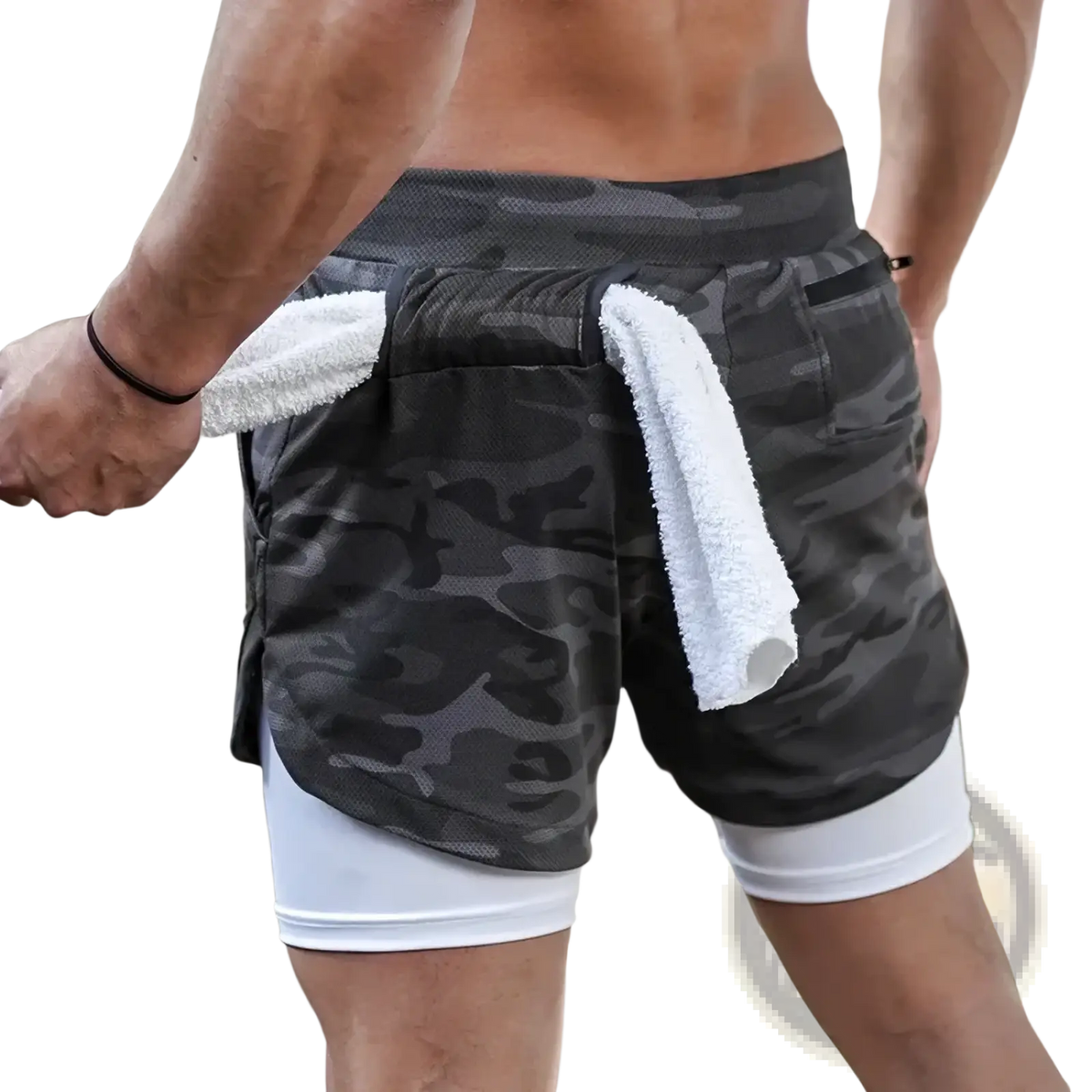 Dark gray camouflage men 2 in 1 gym shorts with white inner layer and towel in back pocket quick dry activewear