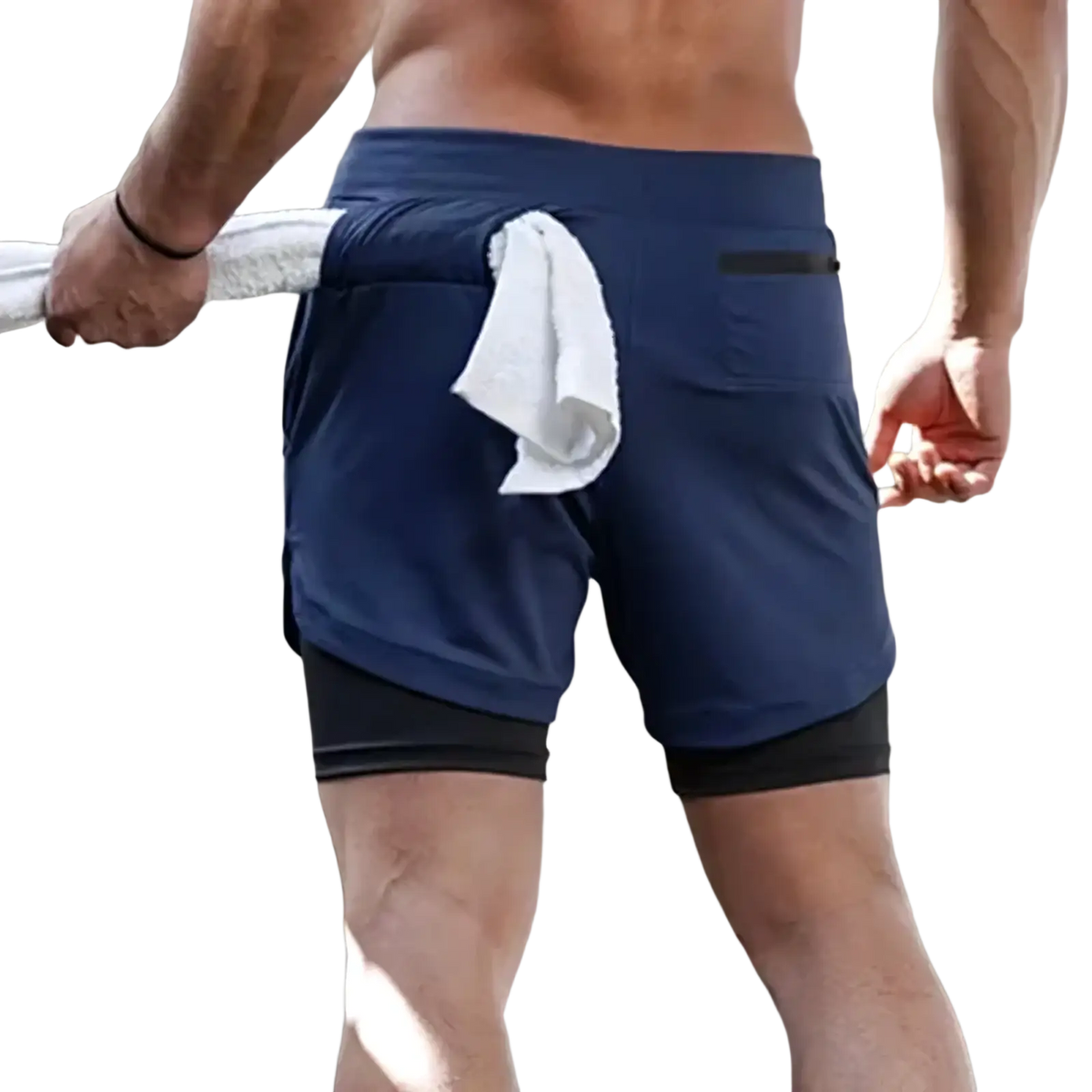 Men 2 in 1 gym shorts navy blue quick dry fabric with black inner lining and side pocket holding white towel
