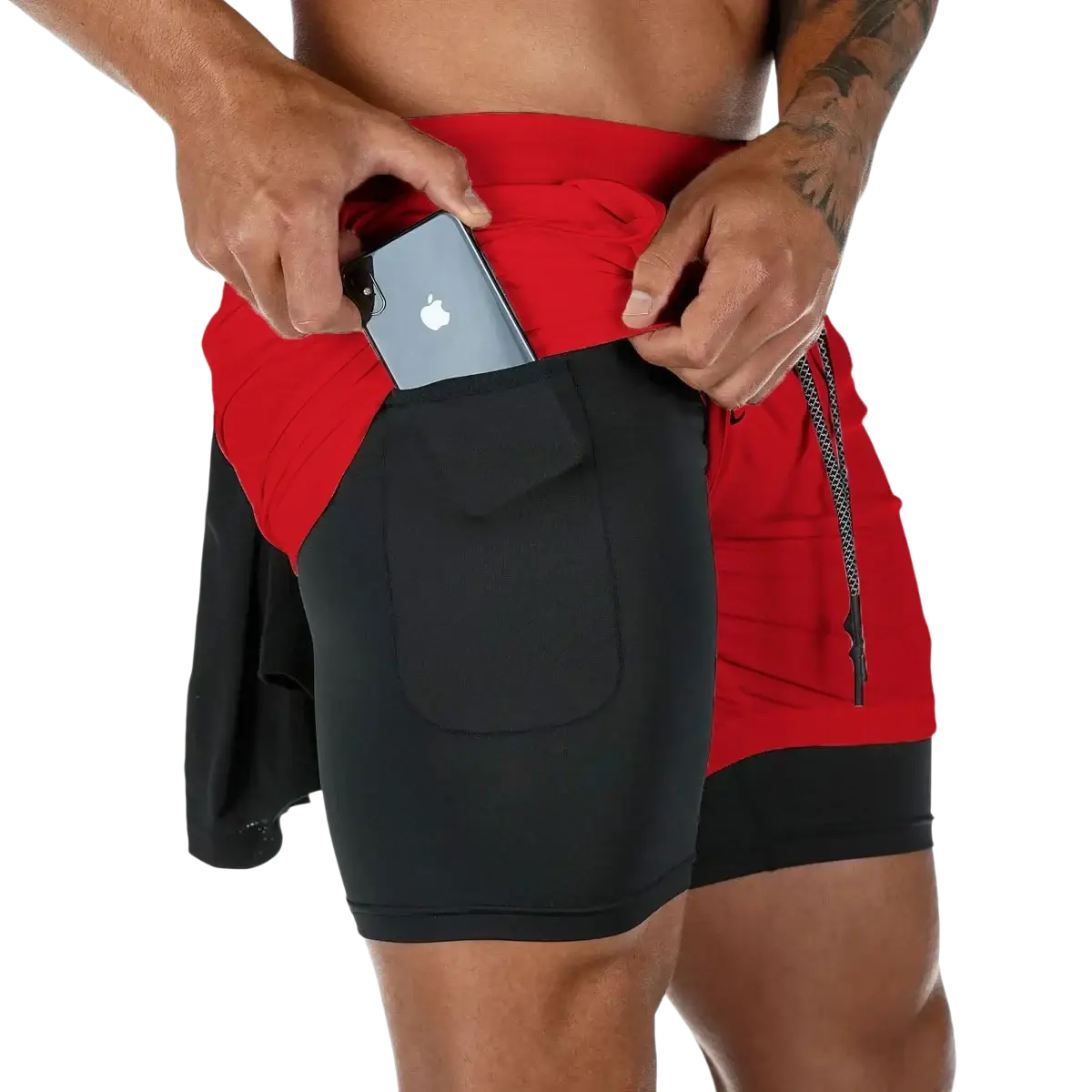 Men 2 in 1 gym shorts in red and black with quick dry fabric and a side pocket holding a smartphone for workouts