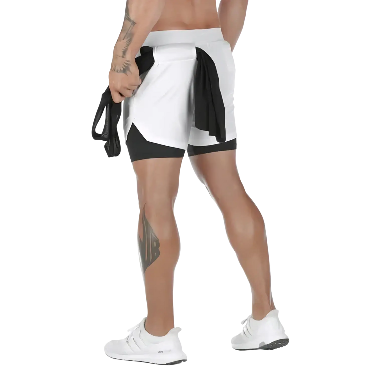 Men 2 in 1 gym shorts quick dry workout activewear in white and black with a sleek modern design