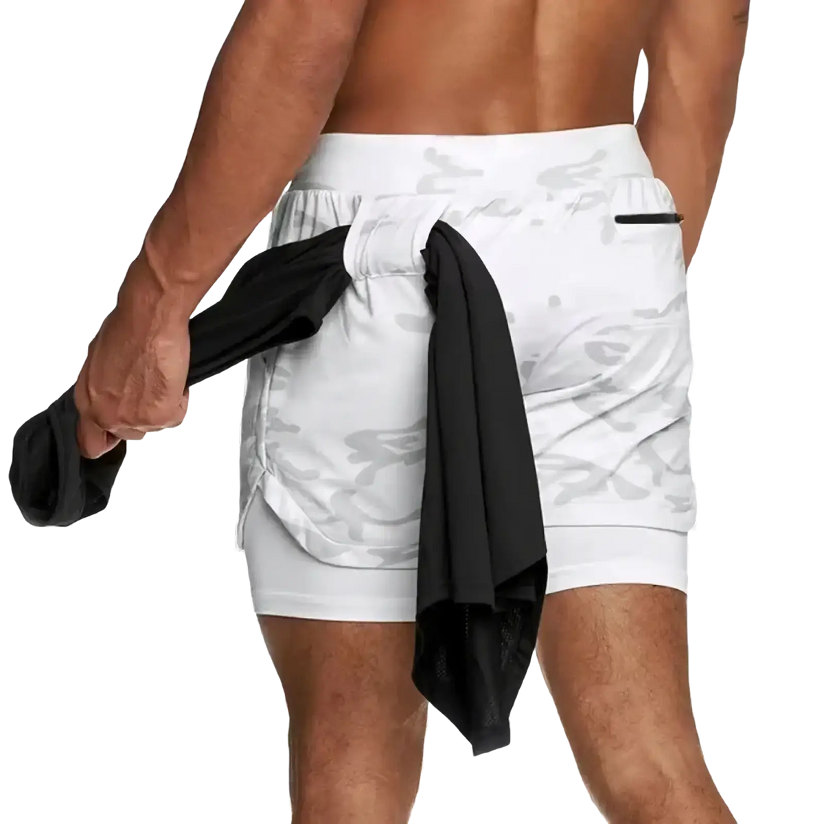 Men 2 in 1 gym shorts with white camouflage pattern and black garment tied at waist quick dry workout activewear