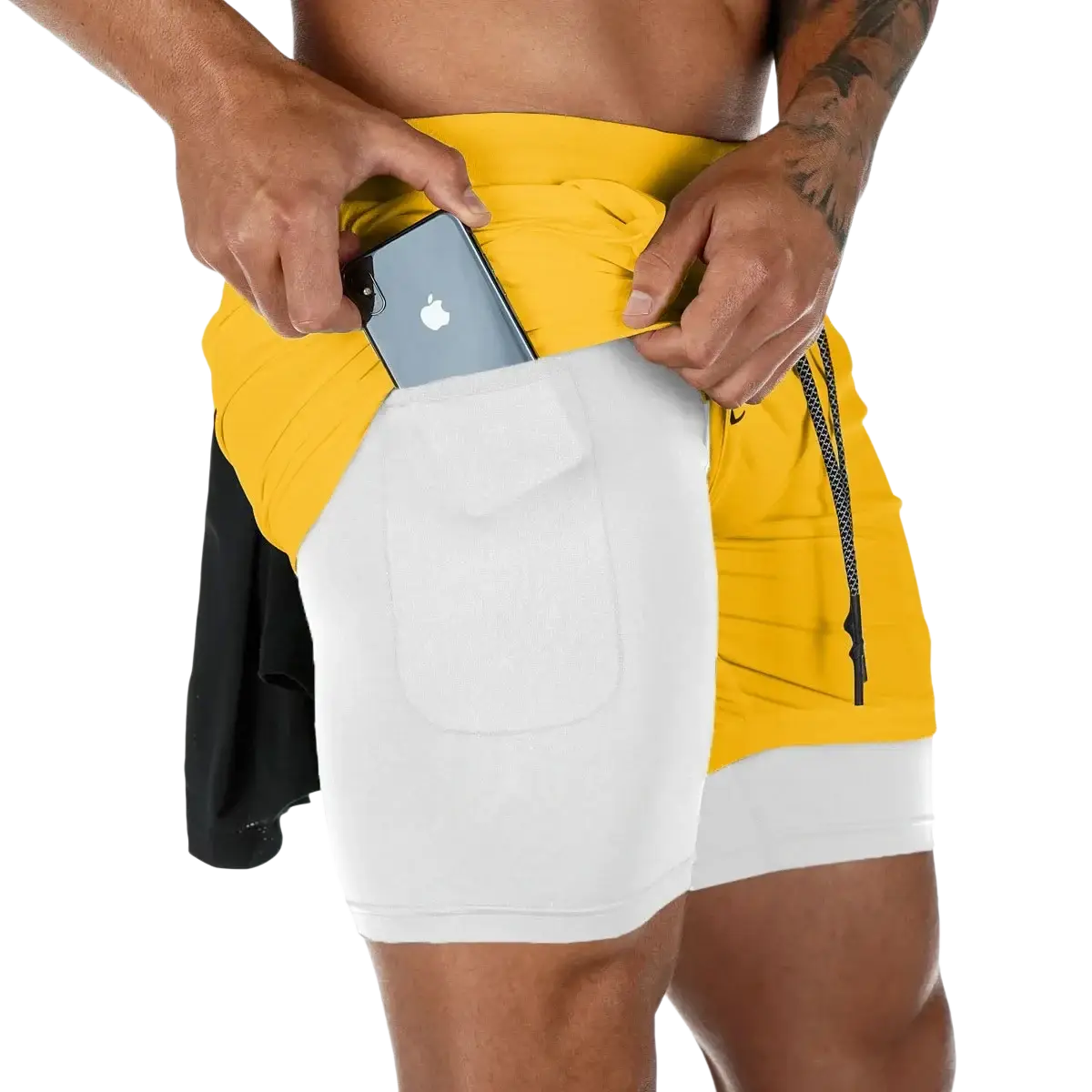 Men 2 in 1 gym shorts quick dry workout activewear in yellow and white with a side pocket holding a smartphone