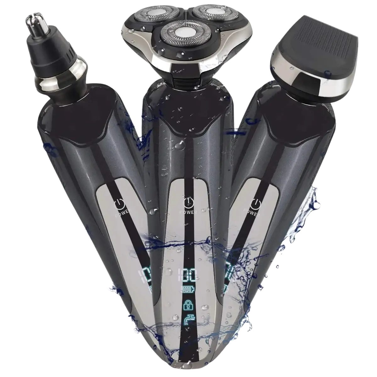 Black and silver men 3-in-1 waterproof electric shaver grooming set with three interchangeable heads for facial grooming