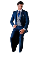 A man wearing a navy blue men 3 piece suit with gray double-breasted vest and notched lapel closure type fashion clothes