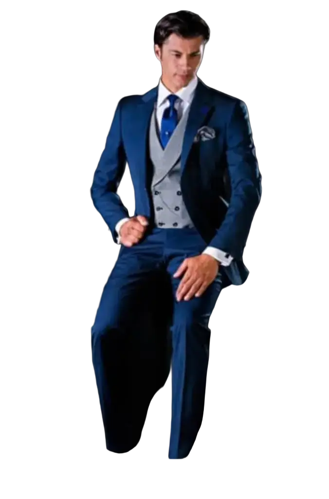 A man wearing a navy blue men 3 piece suit with gray double-breasted vest and notched lapel closure type fashion clothes