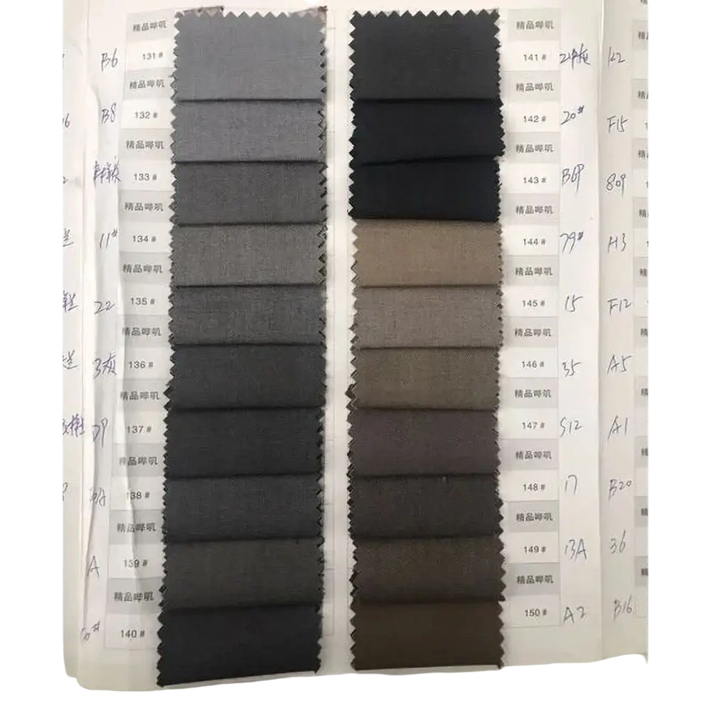 A fabric swatch book showing textured solid fabrics from dark gray to brown for men suits with notched lapel closure type