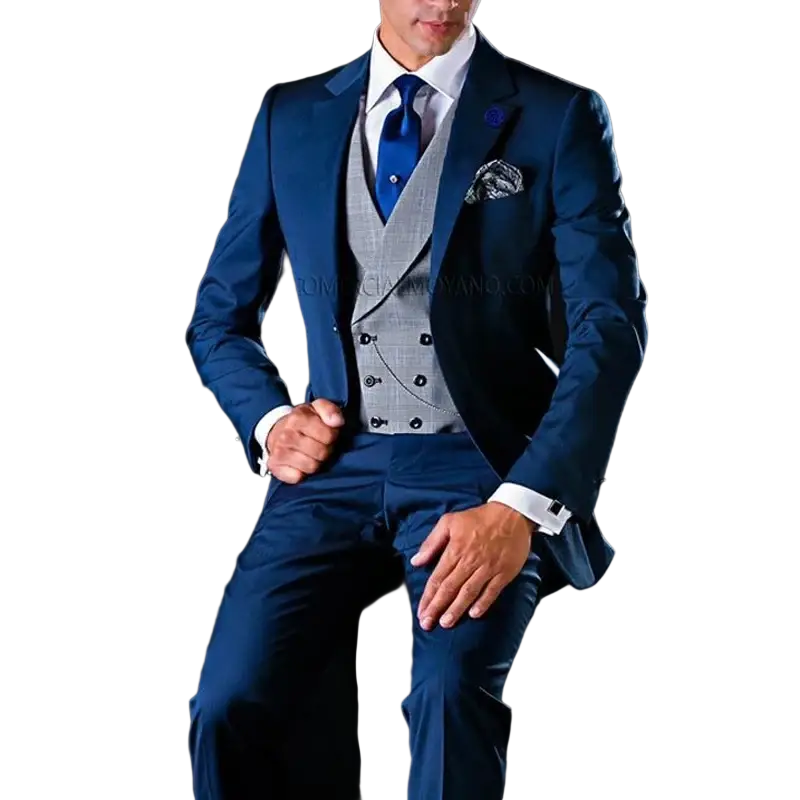 Men 3 piece suit with notched lapel closure type in navy blue, silver gray waistcoat, and royal blue tie fashion clothes