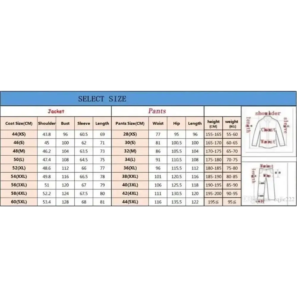 Size selection chart for men suits 3 piece suit notched lapel showing height, weight, and measurements in cm and kg
