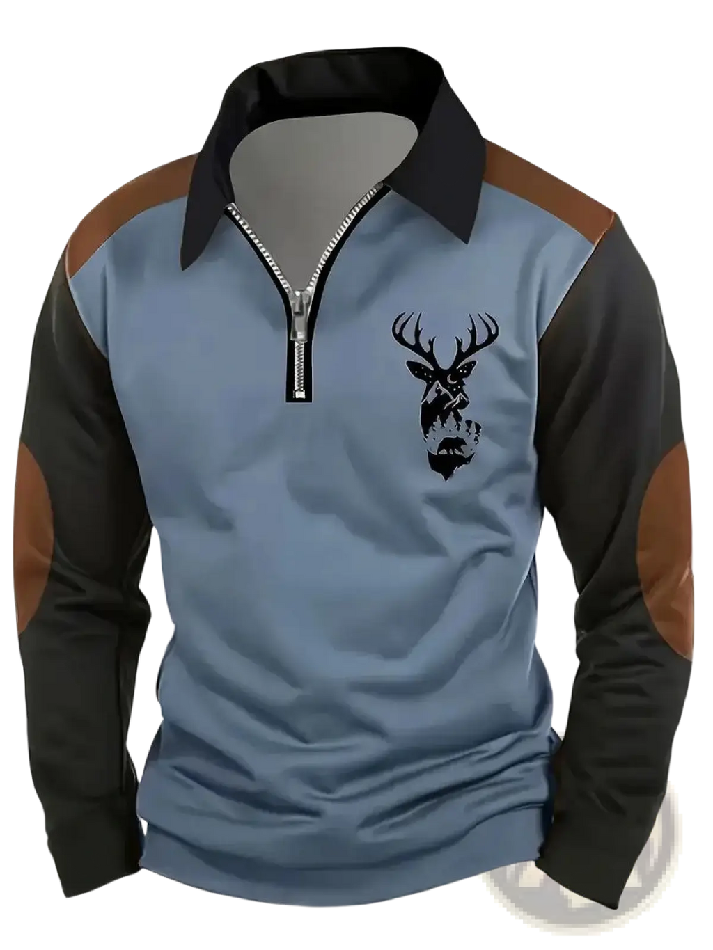 Men 3d deer graphic long sleeve polo shirt in blue and black with brown elbow patches and black chest deer design