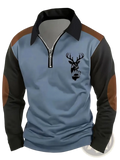 Men 3d deer graphic long sleeve polo shirt in blue and black with brown elbow patches and black chest deer design