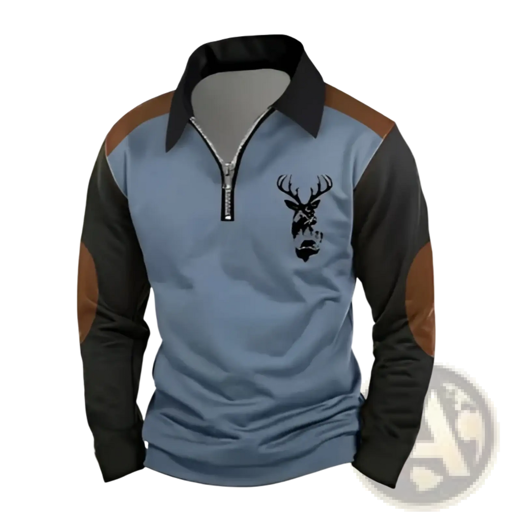 Men 3d deer graphic long sleeve polo shirt in blue black with brown shoulder panels and zipper collar