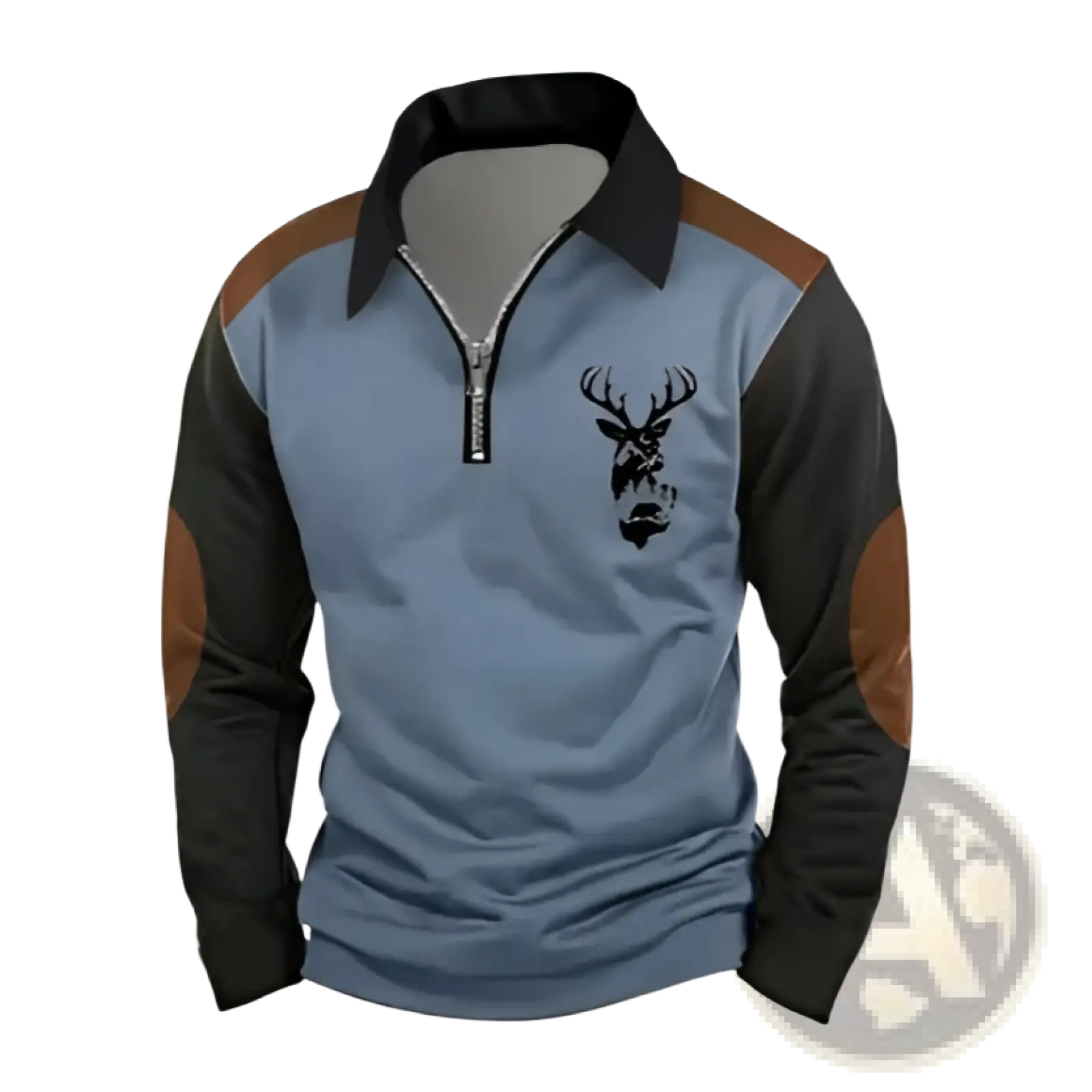 Men 3d deer graphic long sleeve polo shirt in blue black with brown shoulder panels and zipper collar