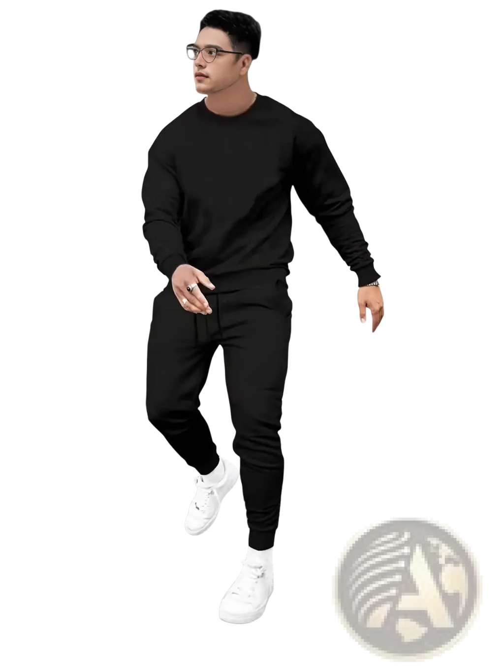 Men 3d digital print casual set in black polyester with long sleeve sweatshirt and joggers paired with white sneakers