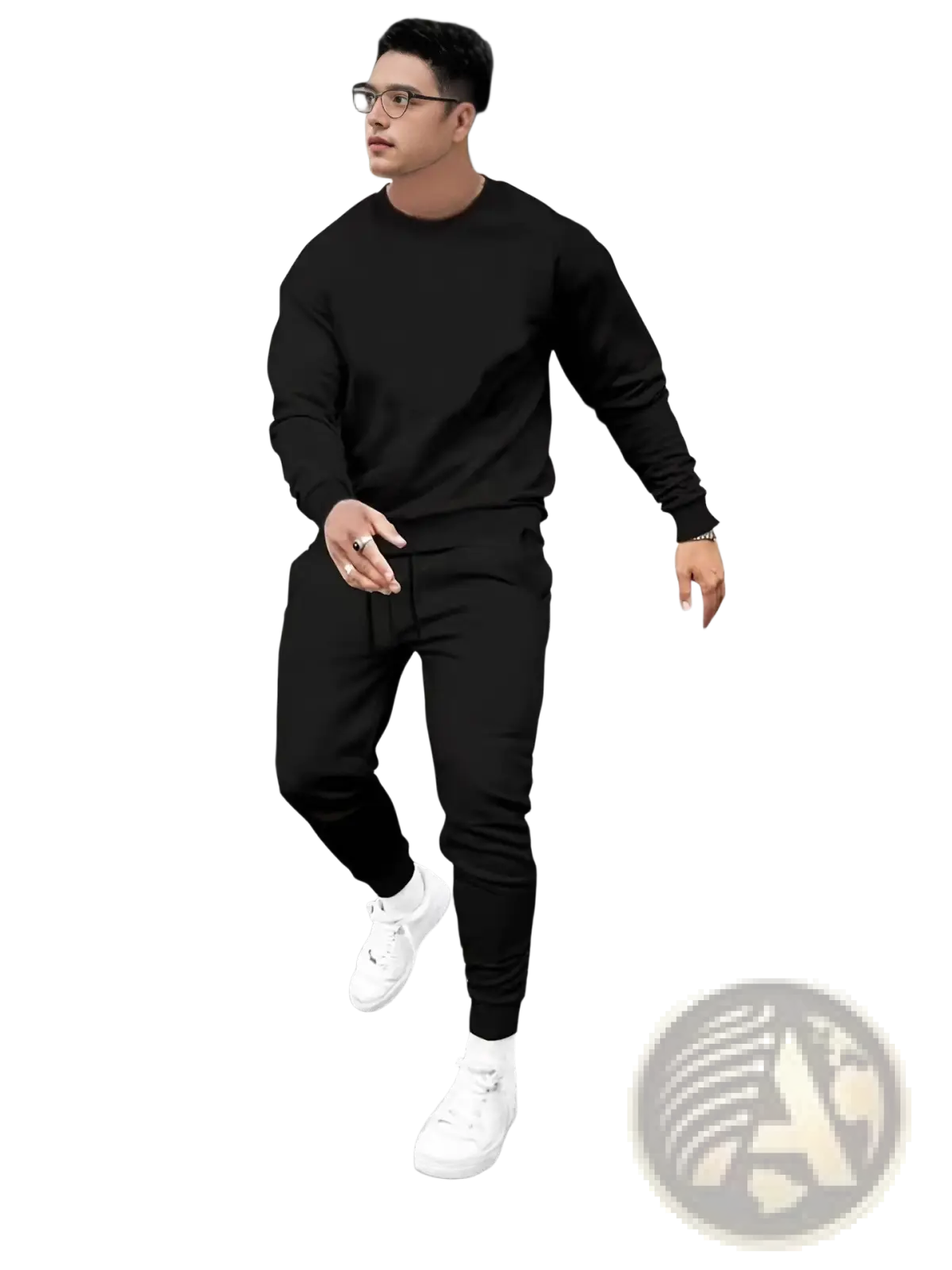 Men 3d digital print casual set in black polyester with long sleeve sweatshirt and joggers paired with white sneakers