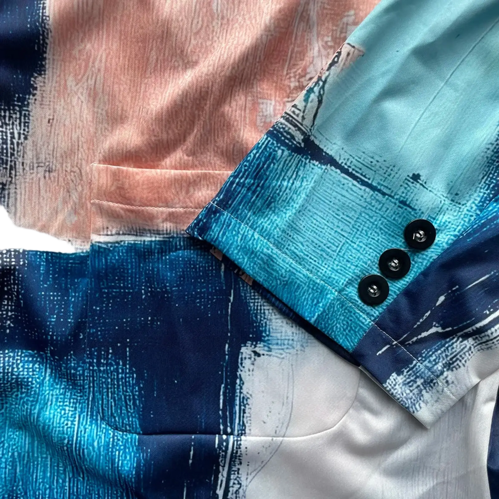 Men abstract print slim fit casual blazer sleeve with vibrant blue pink and white brushstroke patterns and black buttons
