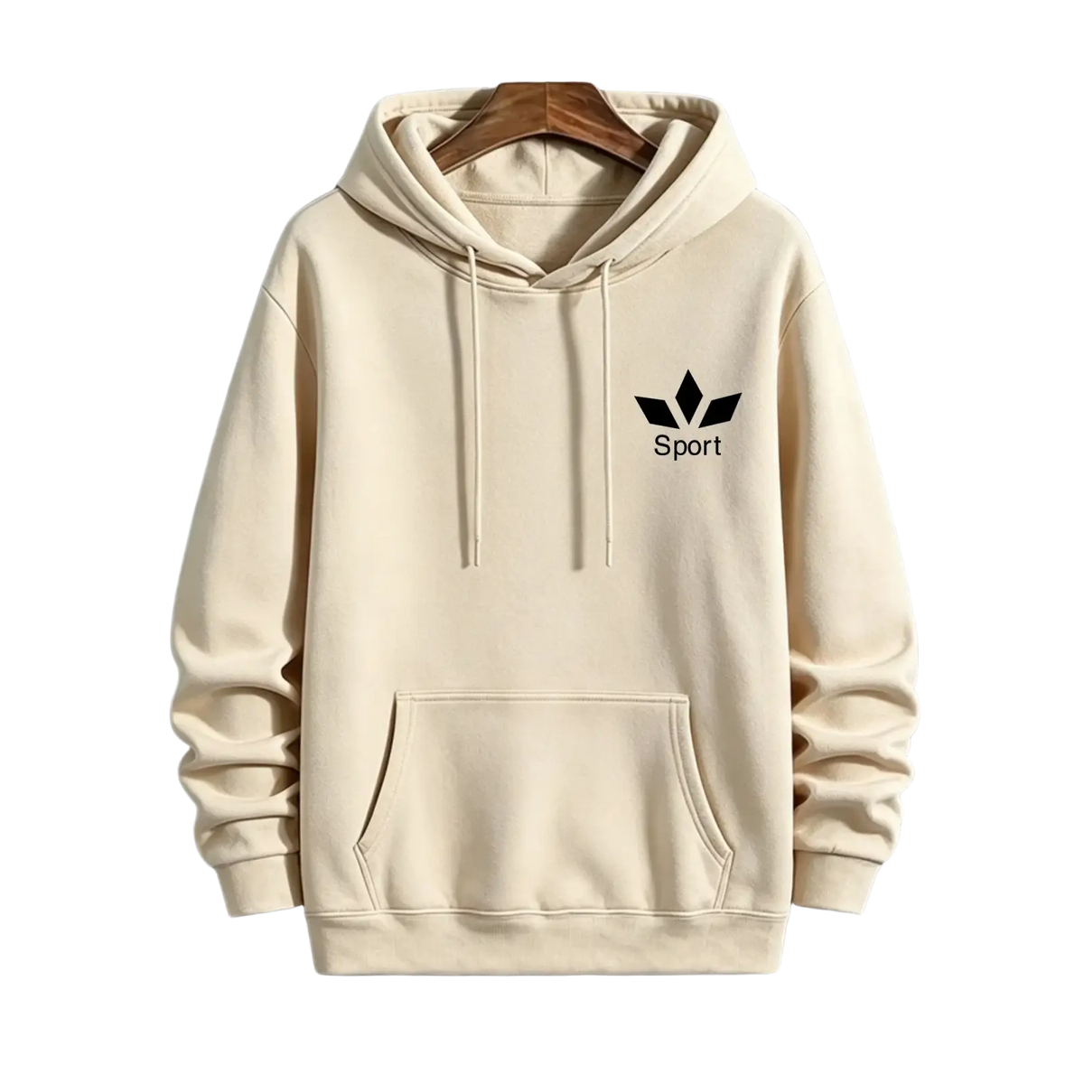 Cream-colored men activewear pullover hoodie sweatshirt with black sport logo on chest hanging on wooden hanger
