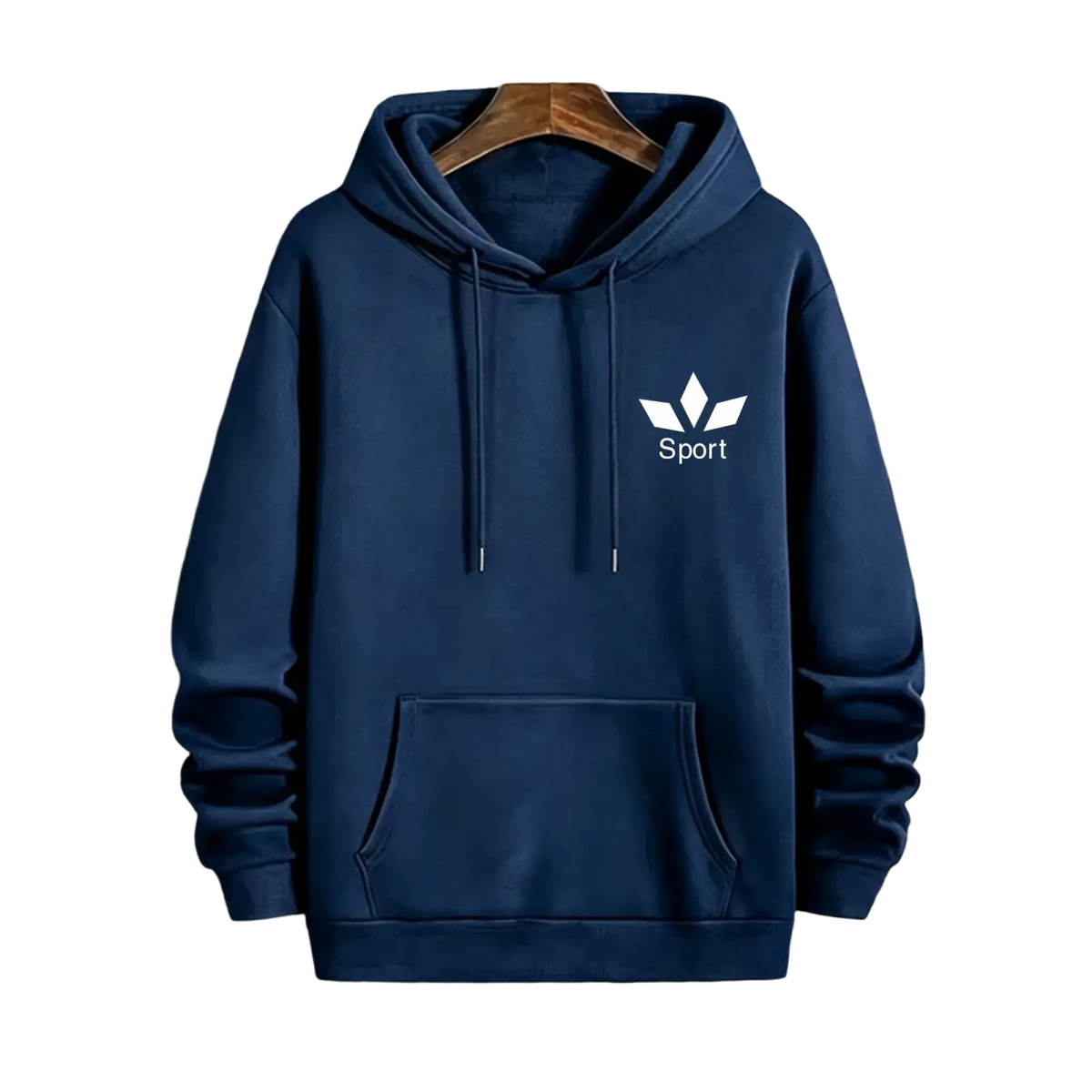 Navy blue men activewear pullover hoodie sweatshirt with white logo and drawstrings hanging on wooden hanger