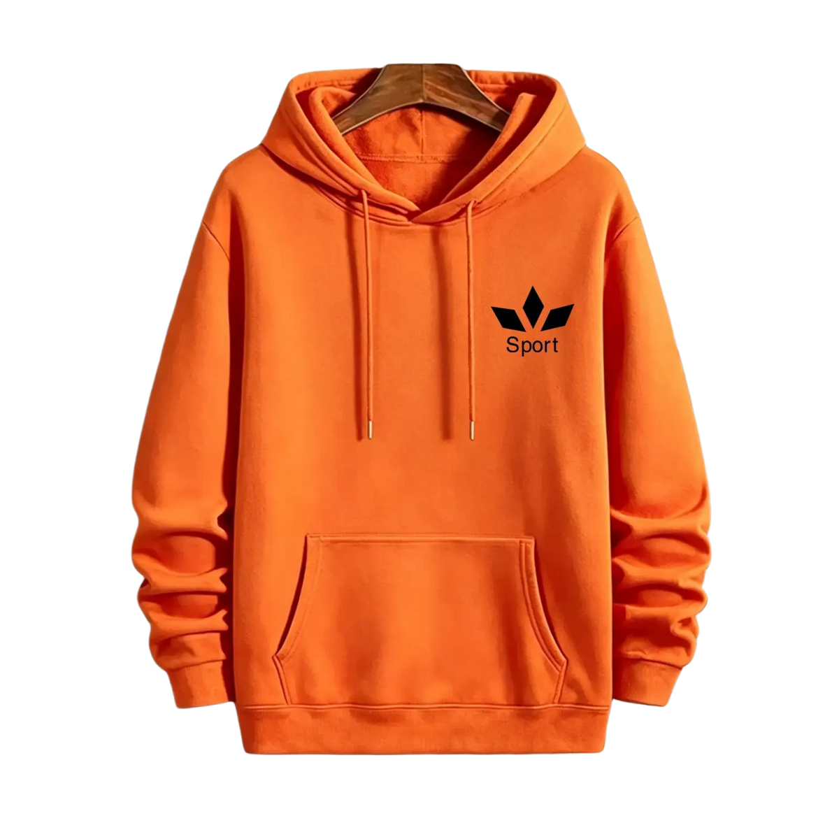 Men activewear pullover hoodie sweatshirt in vibrant orange with black adidas-style logo and sport text on the chest
