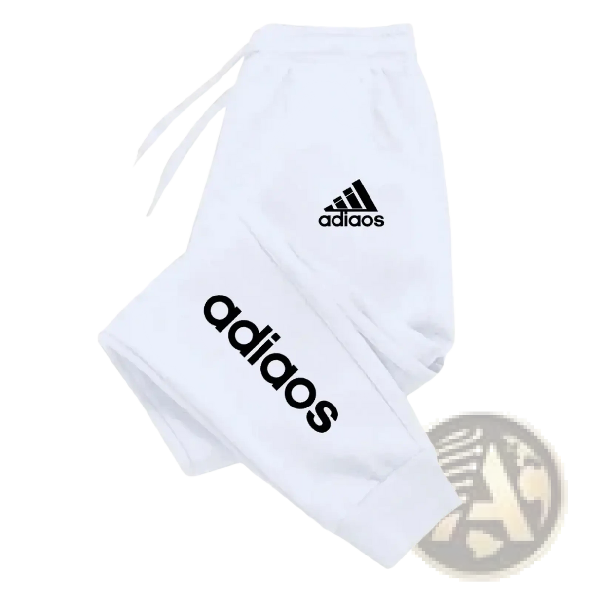 Men adidas sweatpants in white featuring black logo branding on the thigh and leg for athletic jogging use