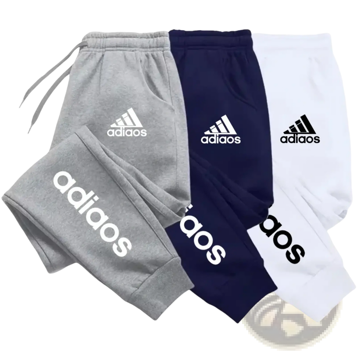 Men adidas sweatpants in gray navy blue and white featuring contrasting logo on thigh and leg for athletic jogging