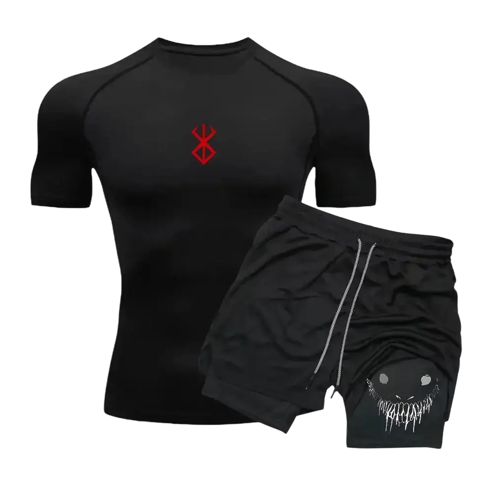 Black men anime compression shirt and shorts set with short-sleeved top featuring red emblem and ghostly face graphic