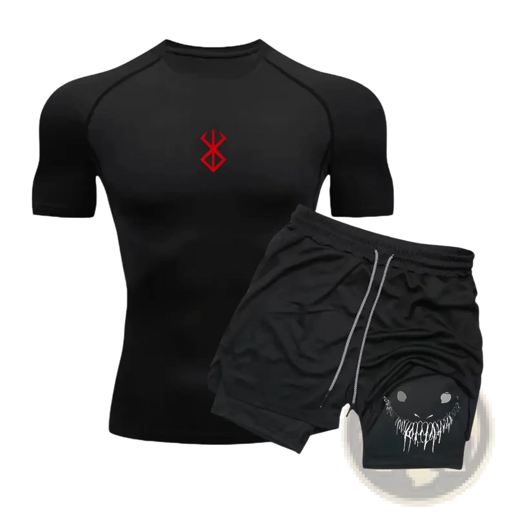 Black men anime compression shirt and shorts set with red emblem, white drawstrings, and ghostly face graphic