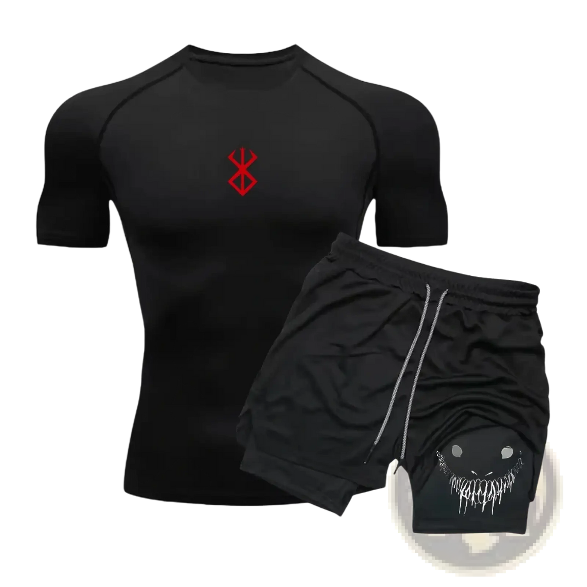 Black men anime compression shirt and shorts set with red emblem, white drawstrings, and ghostly face graphic