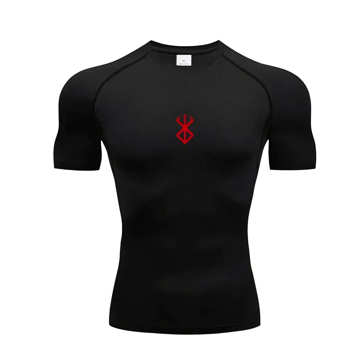 Men anime compression shirt in black short-sleeved fabric with red embroidered logo on the chest for athletic use