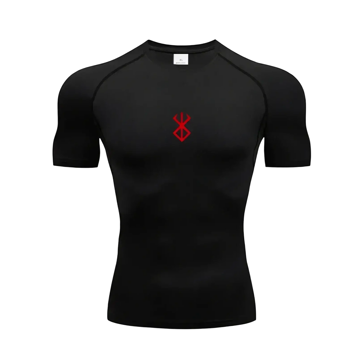 Black short-sleeved men anime compression shirt with red chest emblem designed for performance and comfort
