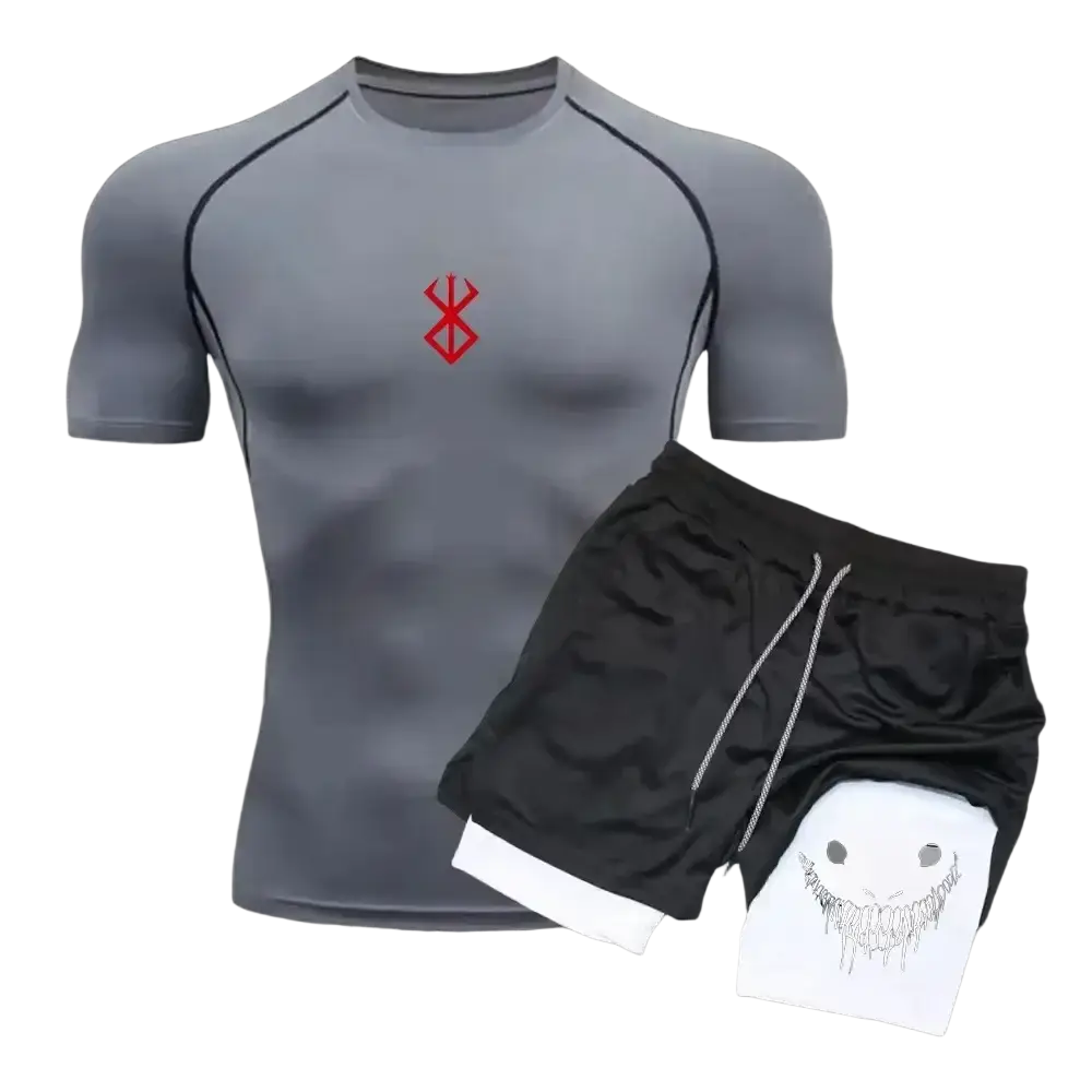 Men anime compression shirt and shorts set in gray with black trim and red emblem paired with black shorts and white drawstrings